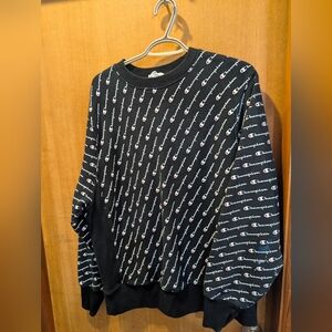 Champion Men's All-Over Logo Reverse Weave Black Crewneck Sweatshirt